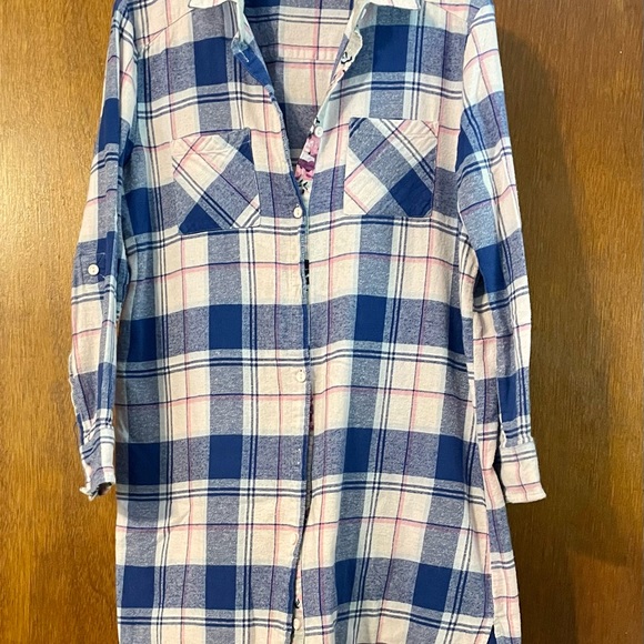Pink K plaid flannel button up tunic M - Picture 3 of 6